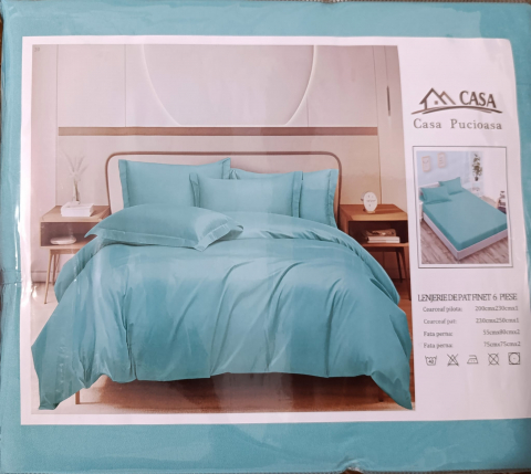 Set Lenjerie Pucioasa 6 piese king size Turcoaz F2004 230x250cm Bumbac Finet