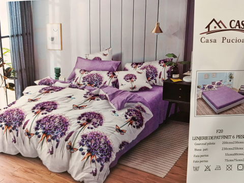 Set Lenjerie cu Elastic Pucioasa 6 piese king size Papadie Mov F2031 230x250cm Bumbac Finet [1]