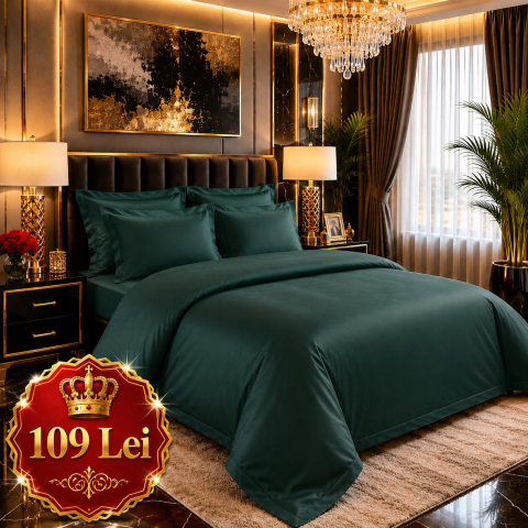 Lenjerii Finet - Set Lenjerie Pucioasa 6 piese king size Verde inchis F2012 230x250cm Bumbac Finet