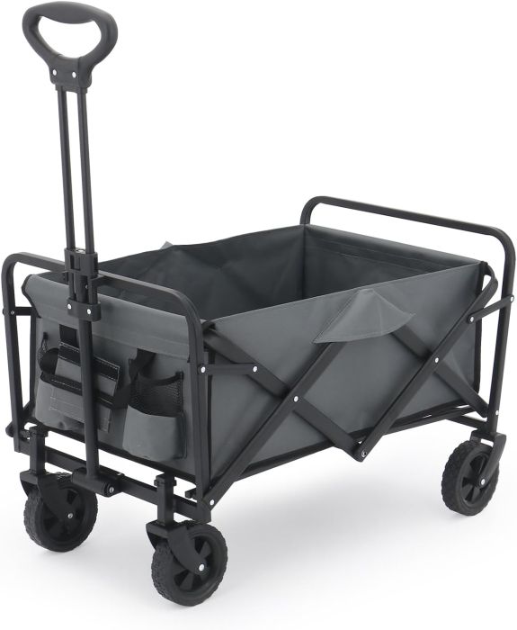 Carucior pliabil transport 100 L, sarcina maxima 60 kg, cadru metalic rezistent, roti mari, pliere rapida, 73x43x48 cm, pentru gradina, camping si cumparaturi, culoare gri [2]