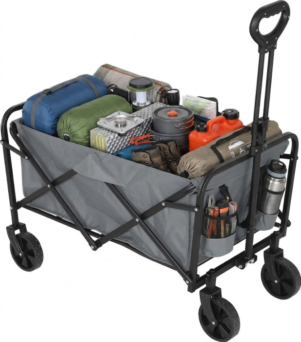Carucior pliabil transport 100 L, sarcina maxima 60 kg, cadru metalic rezistent, roti mari, pliere rapida, 73x43x48 cm, pentru gradina, camping si cumparaturi, culoare gri [5]