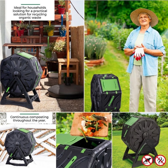 Compostor rotativ cu picioare, capacitate 70 L, sistem de aerisire, plastic rezistent la intemperii, 55,5 x 36 x 72 cm, negru [6]