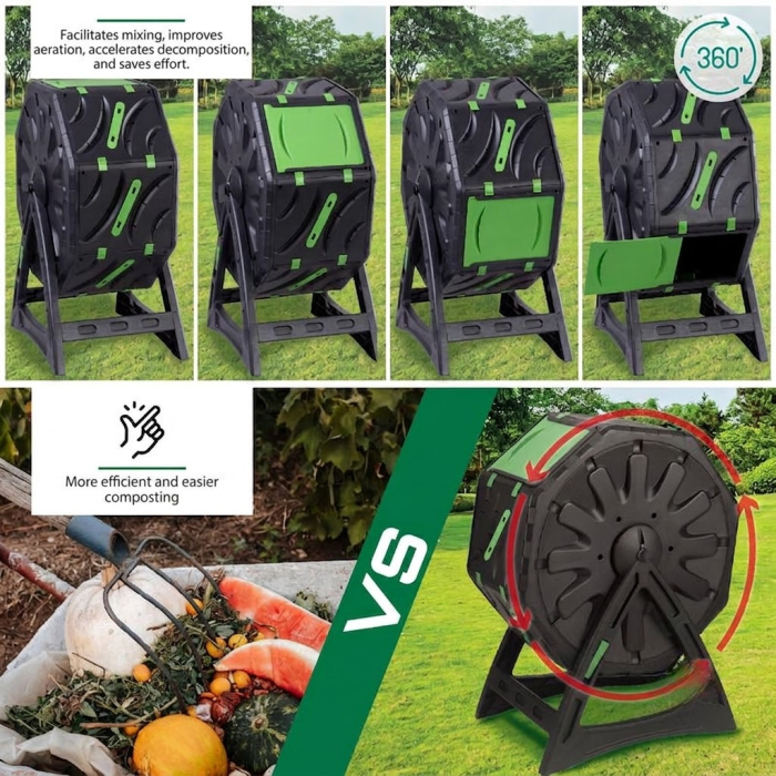 Compostor rotativ cu picioare, capacitate 70 L, sistem de aerisire, plastic rezistent la intemperii, 55,5 x 36 x 72 cm, negru [7]