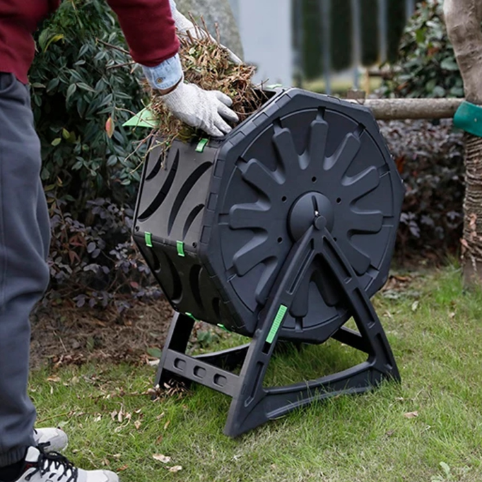Compostor rotativ cu picioare, capacitate 70 L, sistem de aerisire, plastic rezistent la intemperii, 55,5 x 36 x 72 cm, negru [2]