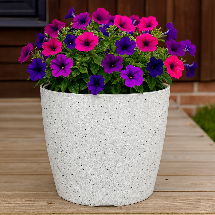 Ghiveci pentru flori din plastic rezistent, culoare alba, Stone Effect, diametru 28 cm, inaltime 26 cm, cu orificiu scurgere [3]