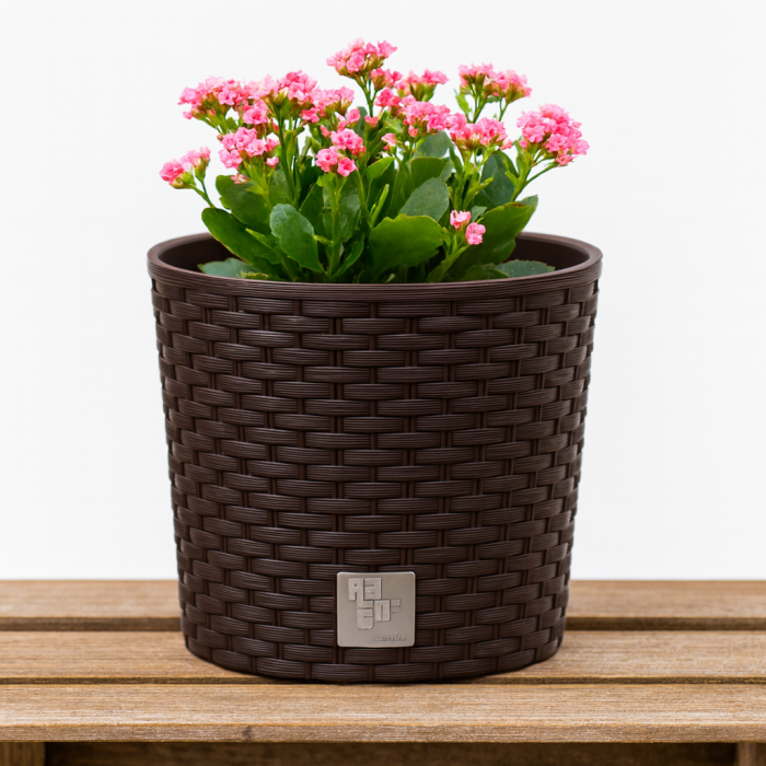 Ghiveci rotund maro inchis, plastic rezistent, imitatie ratan, diametru 20 cm, inaltime 19 cm [3]