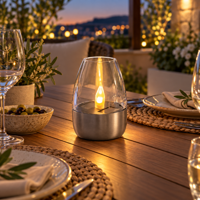 Lampa solara decorativa pentru exterior, 1 LED, lumina alb cald, 6 x 8,5 cm, argintiu/transparent [4]