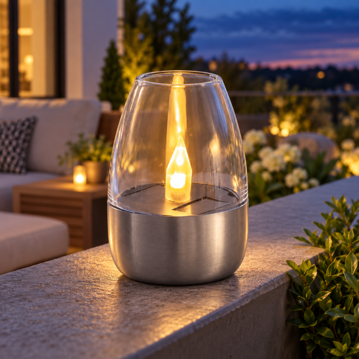 Lampa solara decorativa pentru exterior, 1 LED, lumina alb cald, 6 x 8,5 cm, argintiu/transparent [2]