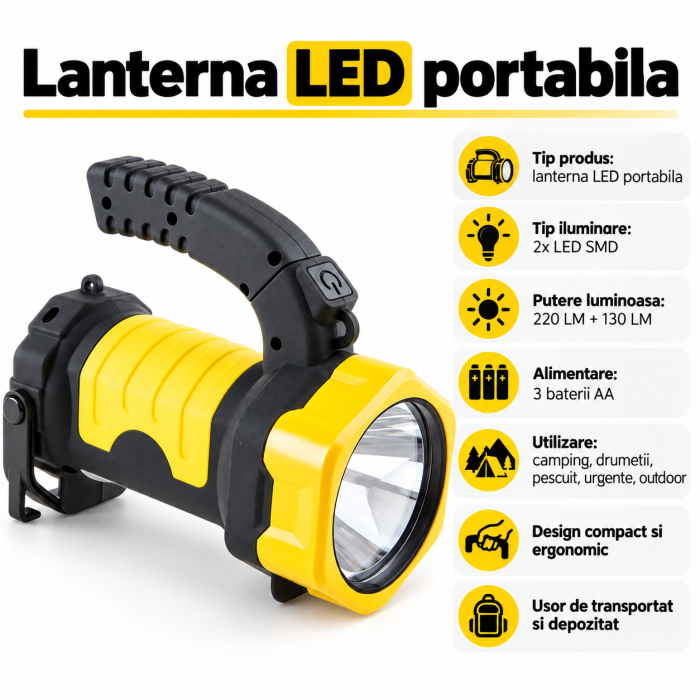 Lanterna LED pentru Camping si Drumetii, 2x LED SMD, 220 LM + 130 LM, Alimentare 3xAA, Portabila, pentru Pescuit, Urgente si Activitati Outdoor [6]
