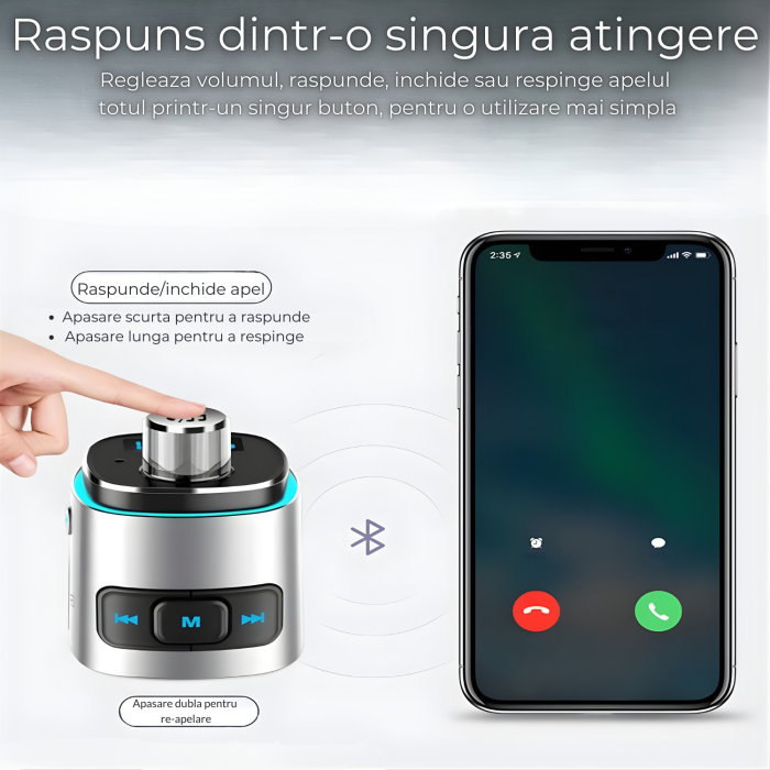 Modulator FM auto cu Bluetooth pentru redare muzica si apeluri hands-free, 2 porturi USB-A pentru incarcare si redare, slot microSD pentru MP3, buton rotativ multifunctional, compatibil Android si iOS [4]