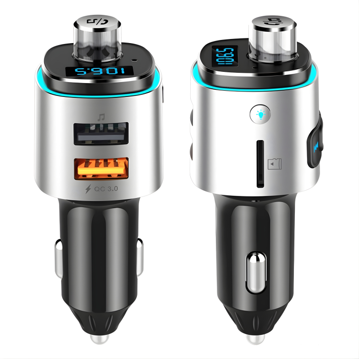 Modulator FM auto cu Bluetooth pentru redare muzica si apeluri hands-free, 2 porturi USB-A pentru incarcare si redare, slot microSD pentru MP3, buton rotativ multifunctional, compatibil Android si iOS [10]