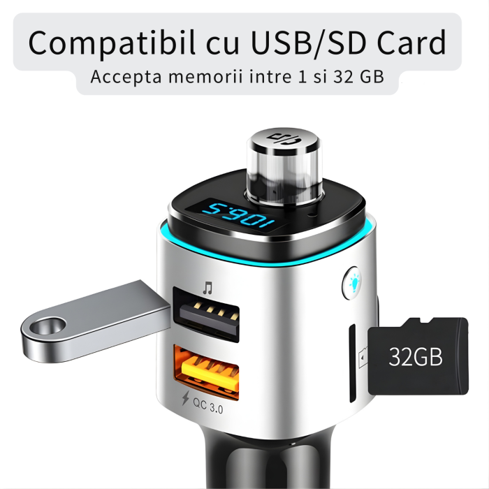 Modulator FM auto cu Bluetooth pentru redare muzica si apeluri hands-free, 2 porturi USB-A pentru incarcare si redare, slot microSD pentru MP3, buton rotativ multifunctional, compatibil Android si iOS [2]