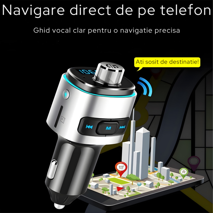 Modulator FM auto cu Bluetooth pentru redare muzica si apeluri hands-free, 2 porturi USB-A pentru incarcare si redare, slot microSD pentru MP3, buton rotativ multifunctional, compatibil Android si iOS [3]