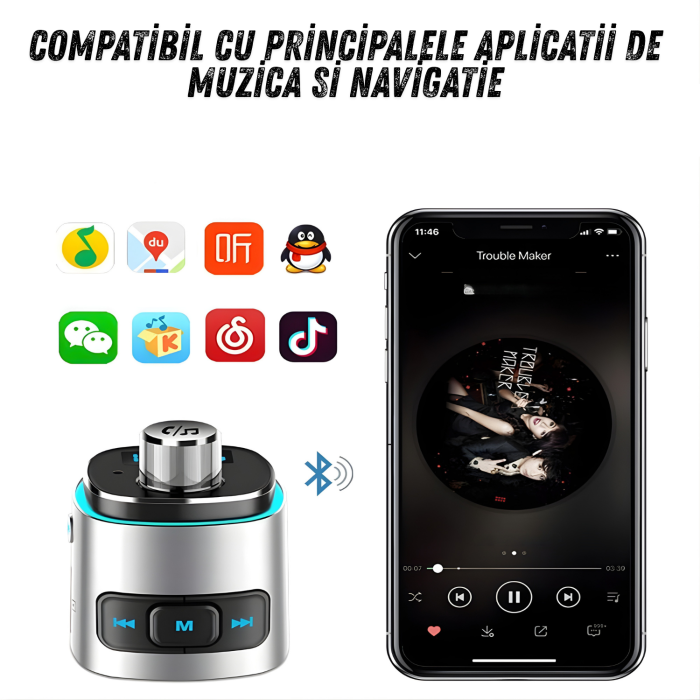 Modulator FM auto cu Bluetooth pentru redare muzica si apeluri hands-free, 2 porturi USB-A pentru incarcare si redare, slot microSD pentru MP3, buton rotativ multifunctional, compatibil Android si iOS [5]