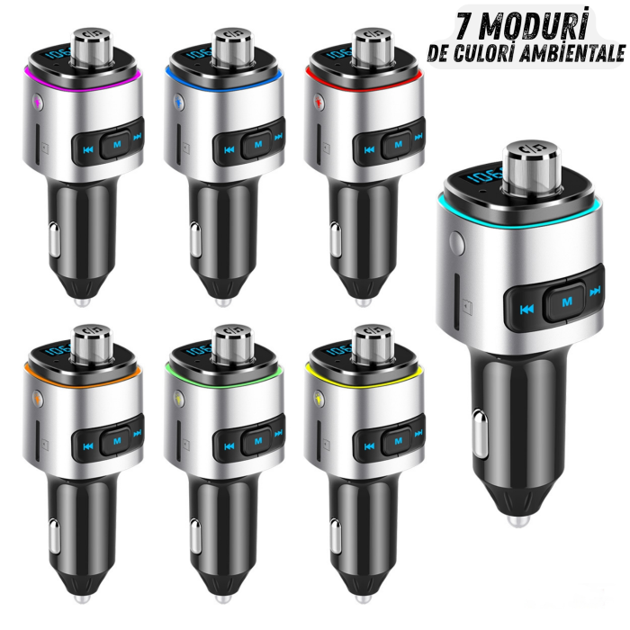 Modulator FM auto cu Bluetooth pentru redare muzica si apeluri hands-free, 2 porturi USB-A pentru incarcare si redare, slot microSD pentru MP3, buton rotativ multifunctional, compatibil Android si iOS [9]