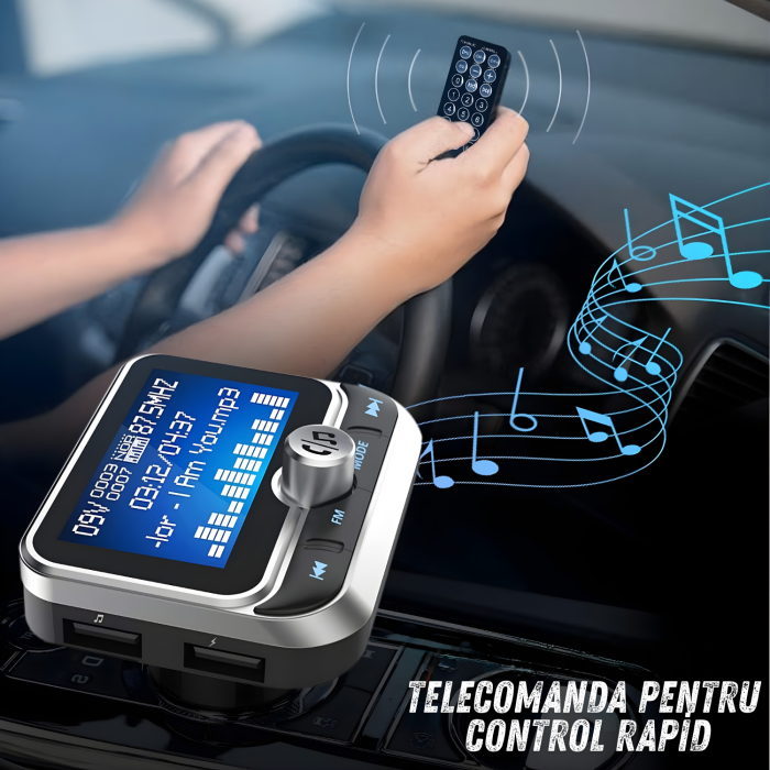Modulator FM auto cu Bluetooth pentru redare muzica si apeluri hands-free, buton rotativ multifunctional, 2 porturi USB-A, slot microSD, sunet clar si conectivitate stabila, compatibil Android si iOS, [8]
