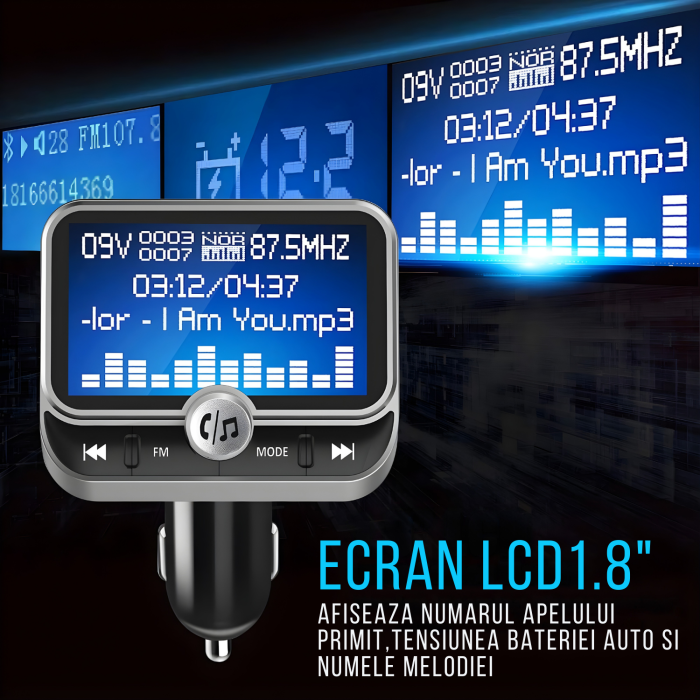 Modulator FM auto cu Bluetooth pentru redare muzica si apeluri hands-free, buton rotativ multifunctional, 2 porturi USB-A, slot microSD, sunet clar si conectivitate stabila, compatibil Android si iOS, [7]
