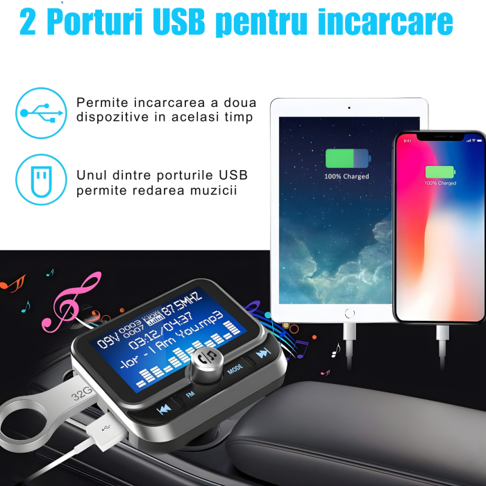 Modulator FM auto cu Bluetooth pentru redare muzica si apeluri hands-free, buton rotativ multifunctional, 2 porturi USB-A, slot microSD, sunet clar si conectivitate stabila, compatibil Android si iOS, [9]