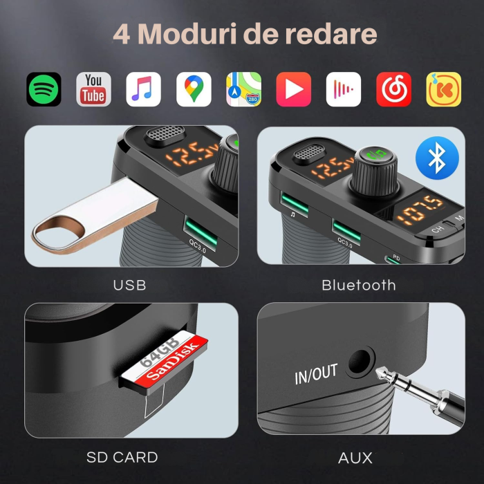 Modulator FM auto cu design ergonomic în forma de L pentru instalare usoara in vehicule cu spatiu limitat, modul Bluetooth pentru redare muzica wireless si apeluri hands-free, 3 porturi USB [8]