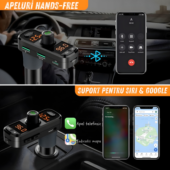 Modulator FM auto cu design ergonomic în forma de L pentru instalare usoara in vehicule cu spatiu limitat, modul Bluetooth pentru redare muzica wireless si apeluri hands-free, 3 porturi USB [4]
