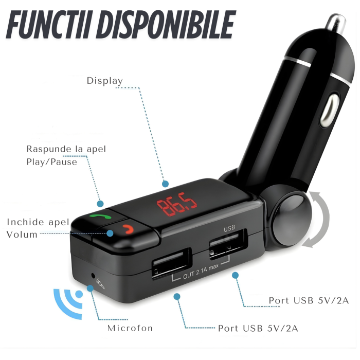 Modulator FM auto cu design pliabil reglabil, Bluetooth pentru redare muzica wireless si apeluri hands-free, microfon integrat pentru convorbiri clare, 2 porturi USB-A pentru incarcare simultana si re [2]