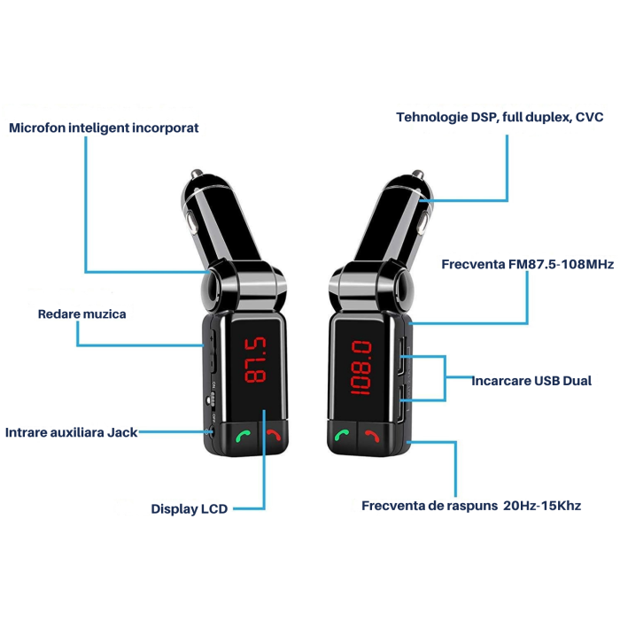 Modulator FM auto cu design pliabil reglabil, Bluetooth pentru redare muzica wireless si apeluri hands-free, microfon integrat pentru convorbiri clare, 2 porturi USB-A pentru incarcare simultana si re [8]