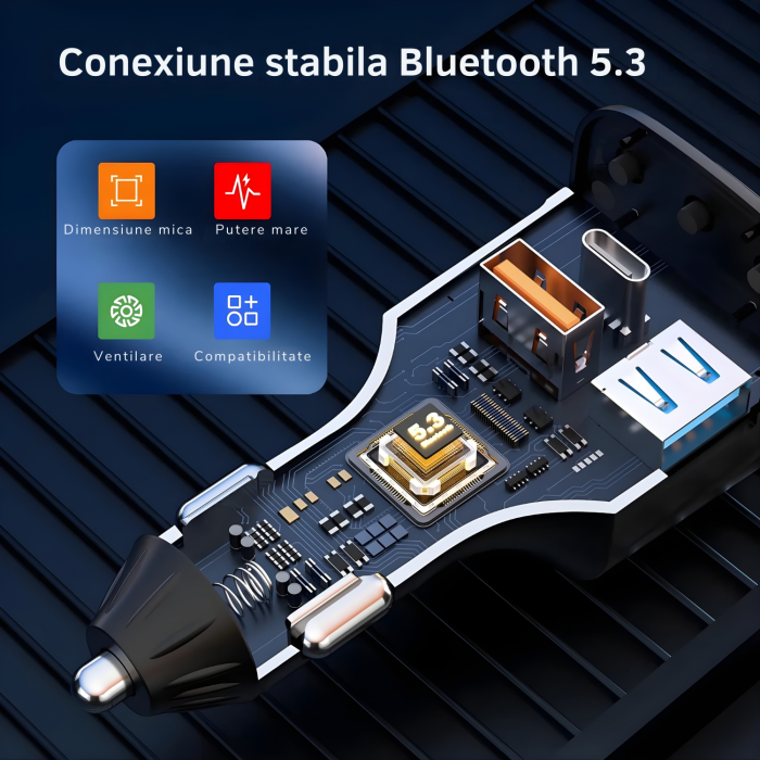 Modulator FM auto multifunctional cu Bluetooth integrat, suport microSD, incarcare rapida prin 2 USB-C si USB-A, apeluri hands-free si redare muzica din mai multe surse, alimentare 12–24 V [7]