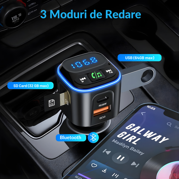 Modulator FM auto multifunctional cu Bluetooth integrat, suport microSD, incarcare rapida prin 2 USB-C si USB-A, apeluri hands-free si redare muzica din mai multe surse, alimentare 12–24 V [3]