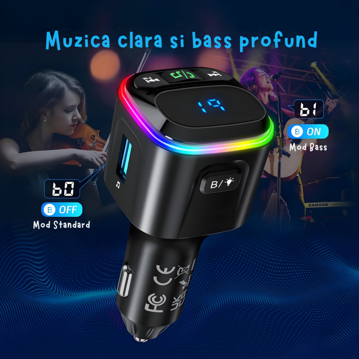 Modulator FM auto multifunctional cu Bluetooth integrat, suport microSD, incarcare rapida prin 2 USB-C si USB-A, apeluri hands-free si redare muzica din mai multe surse, alimentare 12–24 V [6]