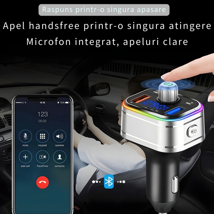 Modulator FM auto multifunctional cu Bluetooth, redare muzica din telefon, USB si MicroSD, 2 porturi USB-A si 1 port USB-C pentru incarcare rapida, microfon hands-free, control intuitiv, compatibil An [3]