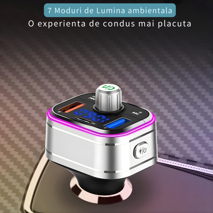 Modulator FM auto multifunctional cu Bluetooth, redare muzica din telefon, USB si MicroSD, 2 porturi USB-A si 1 port USB-C pentru incarcare rapida, microfon hands-free, control intuitiv, compatibil An [9]