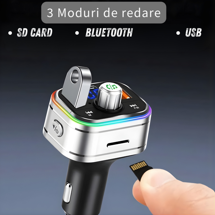 Modulator FM auto multifunctional cu Bluetooth, redare muzica din telefon, USB si MicroSD, 2 porturi USB-A si 1 port USB-C pentru incarcare rapida, microfon hands-free, control intuitiv, compatibil An [8]