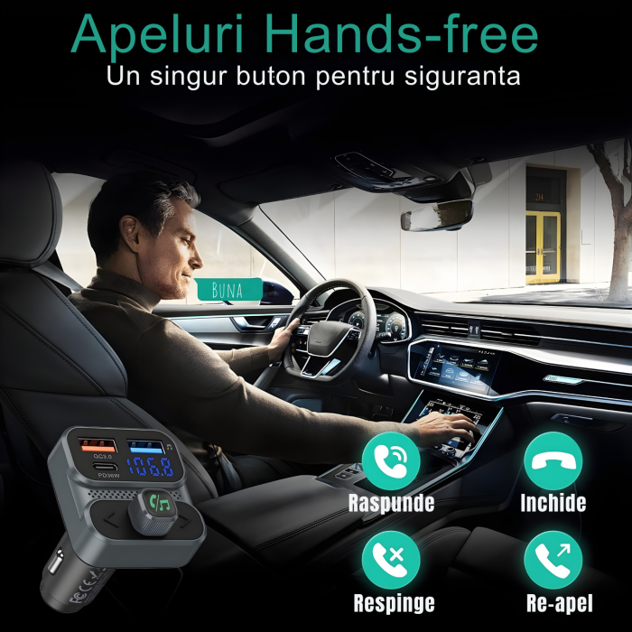 Modulator FM auto multifunctional cu Bluetooth, redare muzica wireless, 2 porturi USB-A, 1 port USB-C pentru incarcare rapida, microfon hands-free, control prin butoane, compatibil Android si iOS, ali [5]
