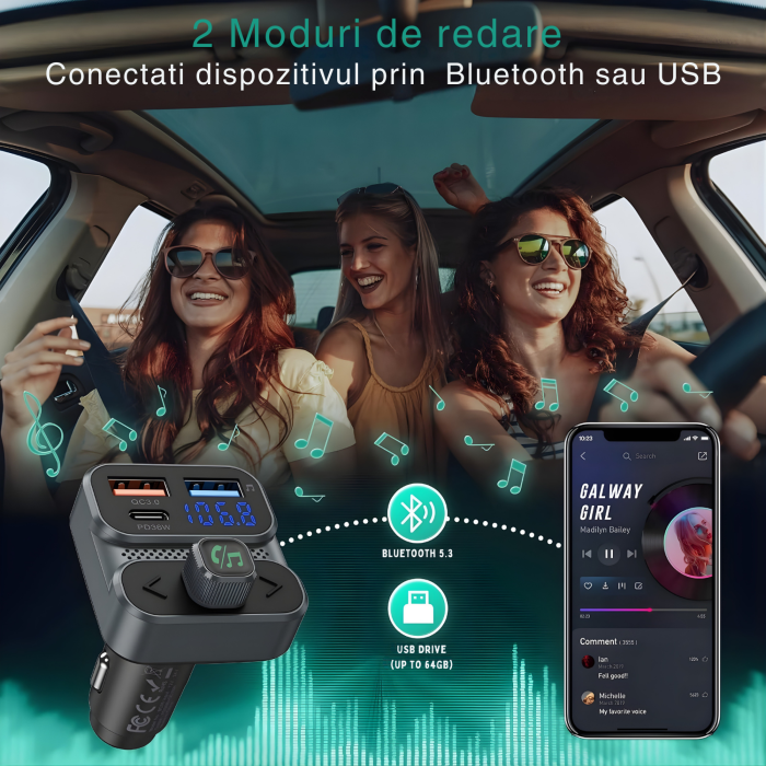 Modulator FM auto multifunctional cu Bluetooth, redare muzica wireless, 2 porturi USB-A, 1 port USB-C pentru incarcare rapida, microfon hands-free, control prin butoane, compatibil Android si iOS, ali [4]
