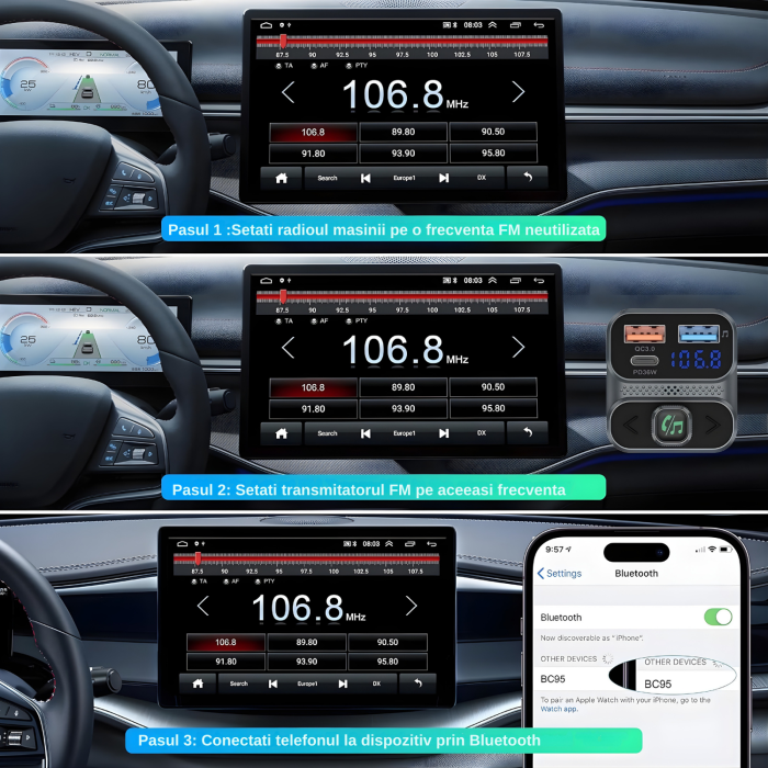 Modulator FM auto multifunctional cu Bluetooth, redare muzica wireless, 2 porturi USB-A, 1 port USB-C pentru incarcare rapida, microfon hands-free, control prin butoane, compatibil Android si iOS, ali [3]