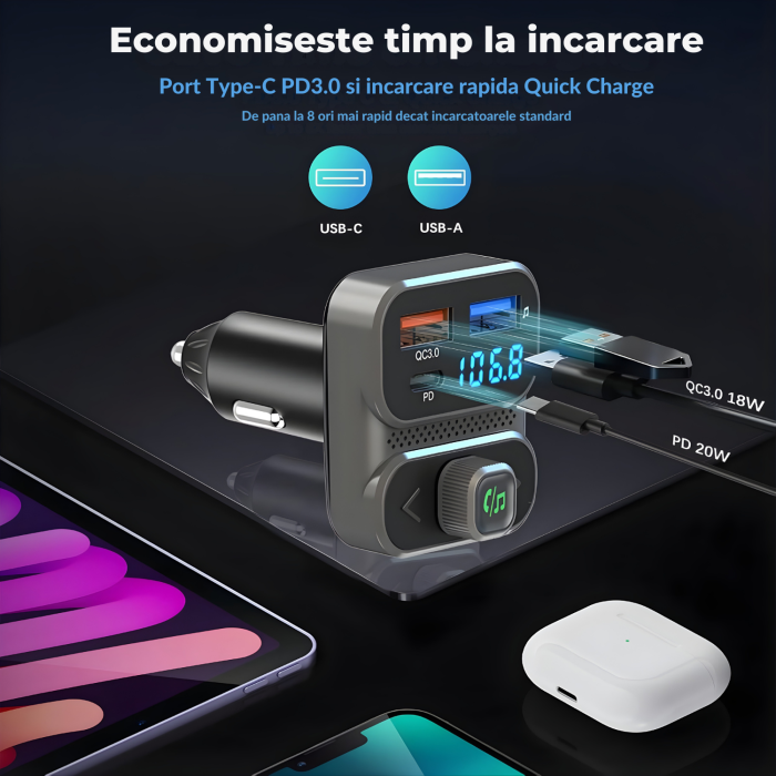 Modulator FM auto multifunctional cu Bluetooth, redare muzica wireless, 2 porturi USB-A, 1 port USB-C pentru incarcare rapida, microfon hands-free, control prin butoane, compatibil Android si iOS, ali [9]