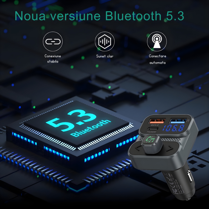 Modulator FM auto multifunctional cu Bluetooth, redare muzica wireless, 2 porturi USB-A, 1 port USB-C pentru incarcare rapida, microfon hands-free, control prin butoane, compatibil Android si iOS, ali [7]