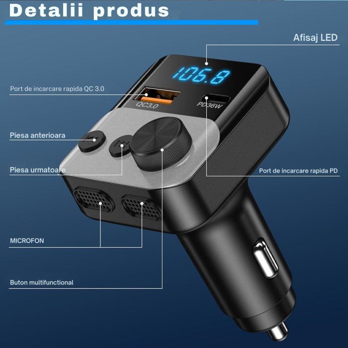 Modulator FM auto multifunctional cu Bluetooth, USB-A si USB-C pentru incarcare rapida, functie handsfree cu microfon incorporat, control prin buton rotativ pentru volum si frecventa [2]
