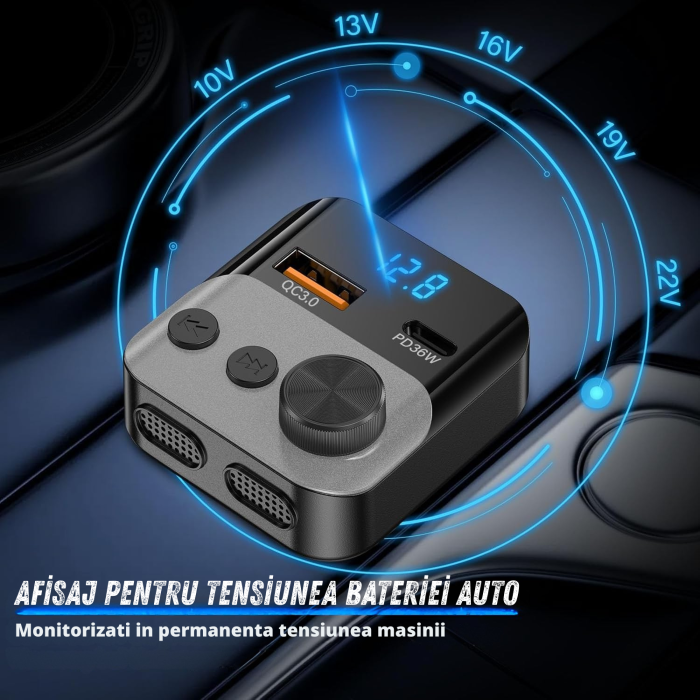 Modulator FM auto multifunctional cu Bluetooth, USB-A si USB-C pentru incarcare rapida, functie handsfree cu microfon incorporat, control prin buton rotativ pentru volum si frecventa [4]