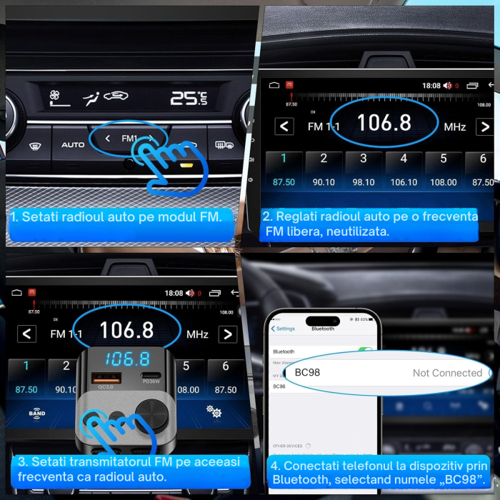 Modulator FM auto multifunctional cu Bluetooth, USB-A si USB-C pentru incarcare rapida, functie handsfree cu microfon incorporat, control prin buton rotativ pentru volum si frecventa [6]