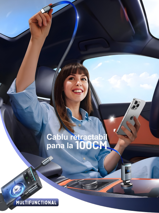 Modulator FM multifunctional cu Bluetooth, cablu USB-C retractabil, port USB-A si USB-C pentru incarcare rapida, redare muzica wireless si apeluri hands-free, compatibil Android si iOS [6]