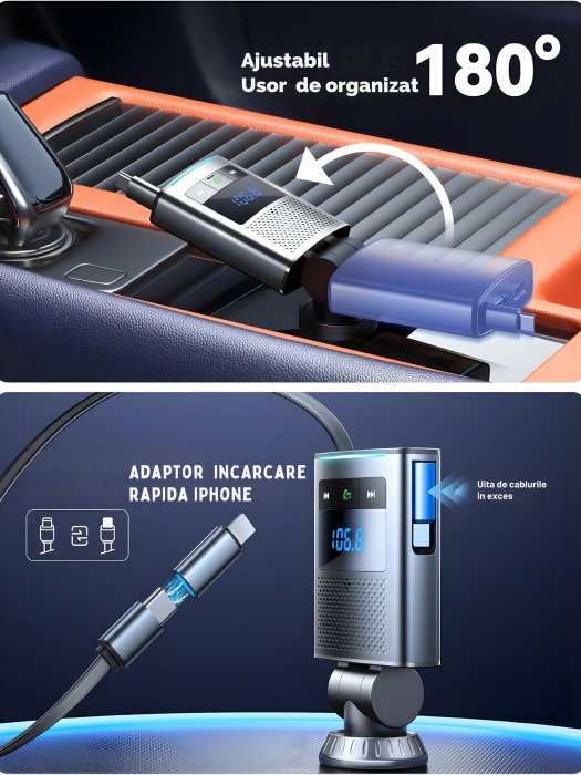 Modulator FM multifunctional cu Bluetooth, cablu USB-C retractabil, port USB-A si USB-C pentru incarcare rapida, redare muzica wireless si apeluri hands-free, compatibil Android si iOS [7]