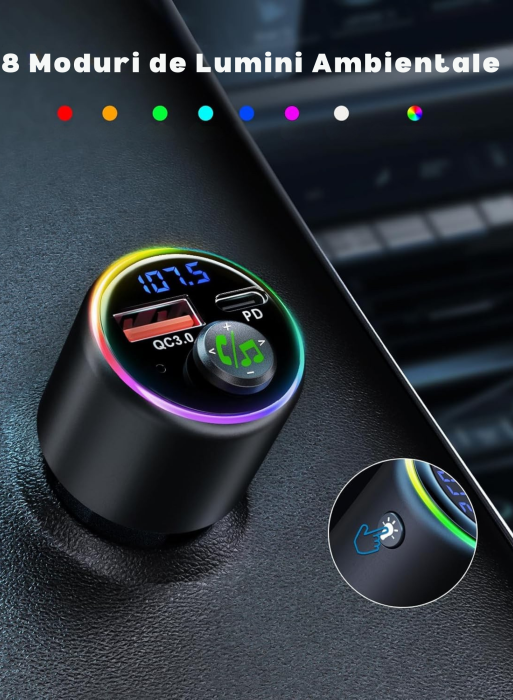 Modulator FM universal cu Bluetooth, redare muzica wireless, apeluri hands-free, port USB-A si port USB-C pentru incarcare rapida, compatibil Android si iOS, alimentare 12–24 V [4]