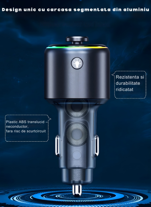 Modulator FM universal cu Bluetooth, redare muzica wireless, apeluri hands-free, port USB-A si port USB-C pentru incarcare rapida, compatibil Android si iOS, alimentare 12–24 V [6]