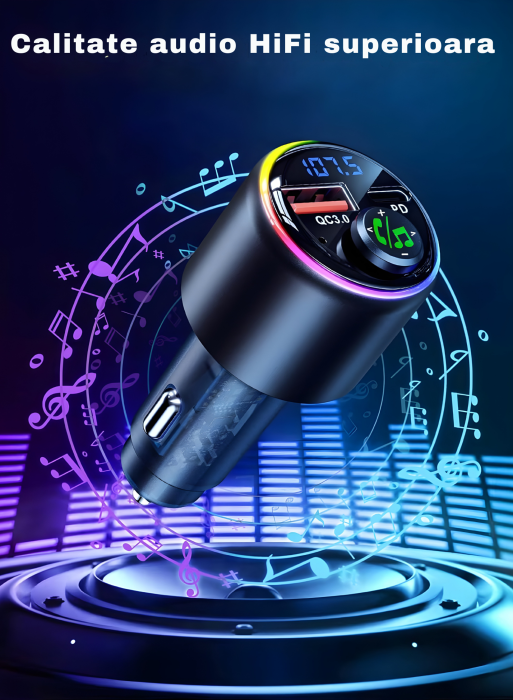 Modulator FM universal cu Bluetooth, redare muzica wireless, apeluri hands-free, port USB-A si port USB-C pentru incarcare rapida, compatibil Android si iOS, alimentare 12–24 V [7]
