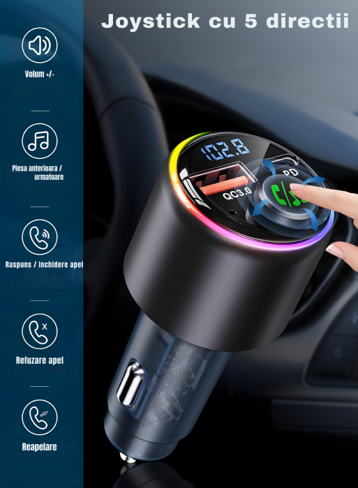 Modulator FM universal cu Bluetooth, redare muzica wireless, apeluri hands-free, port USB-A si port USB-C pentru incarcare rapida, compatibil Android si iOS, alimentare 12–24 V [9]