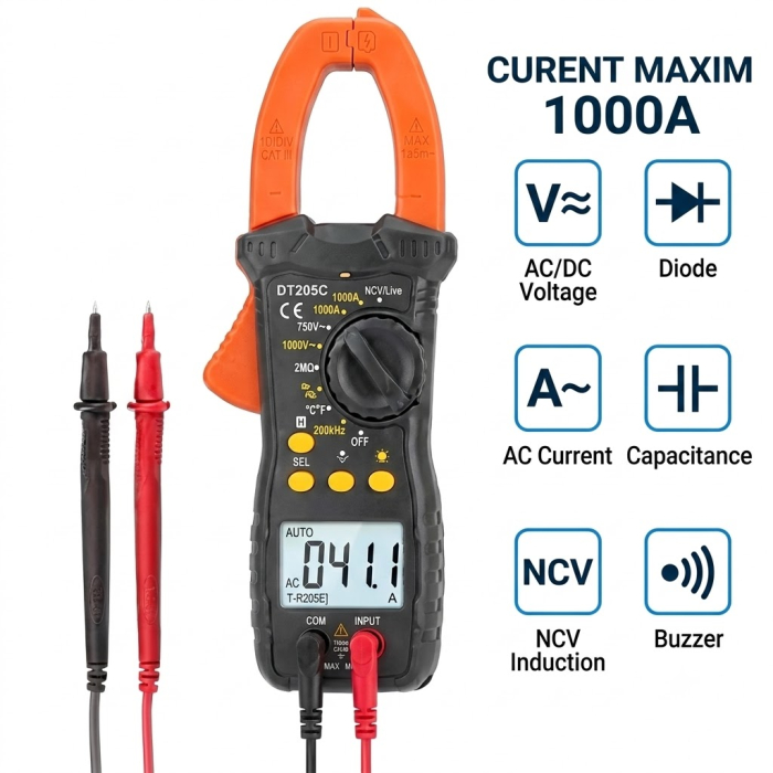 Multimetru digital cu cleste ampermetric profesional 1000A, NCV, lanterna LED, atentionare sonora, afisaj LCD iluminat, functie HOLD, husa transport inclusa, alimentare 2xAAA [2]