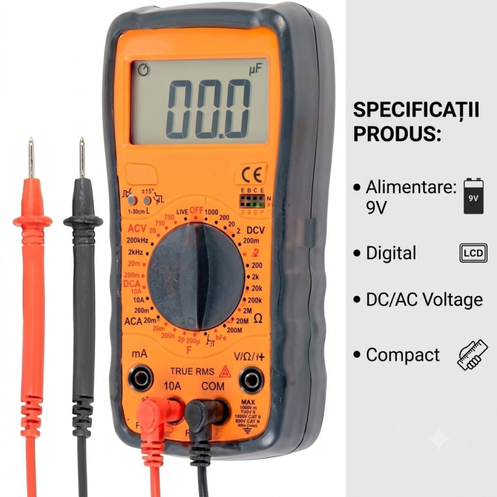 Multimetru digital, True RMS, NCV, 10A, tensiune AC/DC, test dioda si continuitate, functie HOLD, detectie faza, protectie la suprasarcina, alimentare 9V [3]