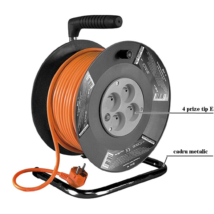 Prelungitor cu tambur, cadru metalic, 4 prize tip E x 230V, IP20, cordon cablu 1, 5mm, lungime 50 m, portocaliu, max 3000w/16A [2]