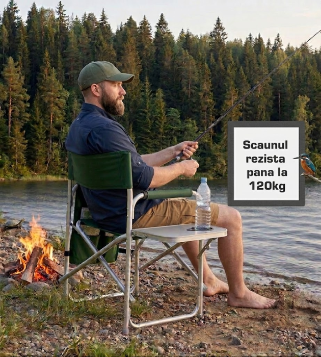 Scaun pliabil pentru camping si pescuit , masa laterala rabatabila cu suport pahar, max. 120 kg, 55x45x78 cm, verde [2]